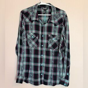Wrangler Women  Retro Embroidered Plaid Western Turquoise Snap Shirt Large